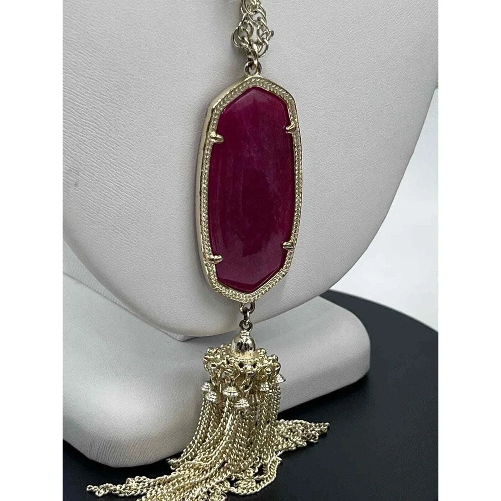 Kendra Scott Rayne Magenta Maroon Jade Tassel‎ Gold Plated Long Necklace